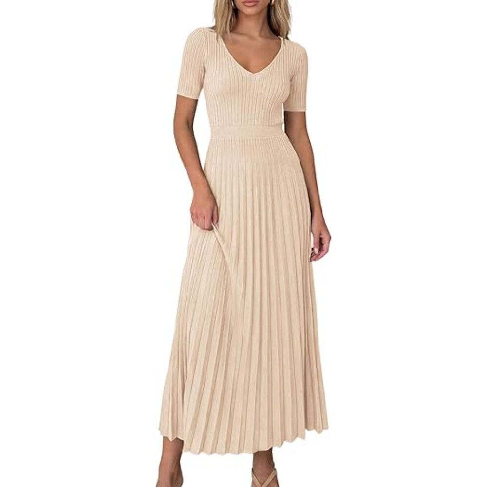Women's Beige Viscose V Neck Short Sleeve A Line Summer Casual Midi Dress